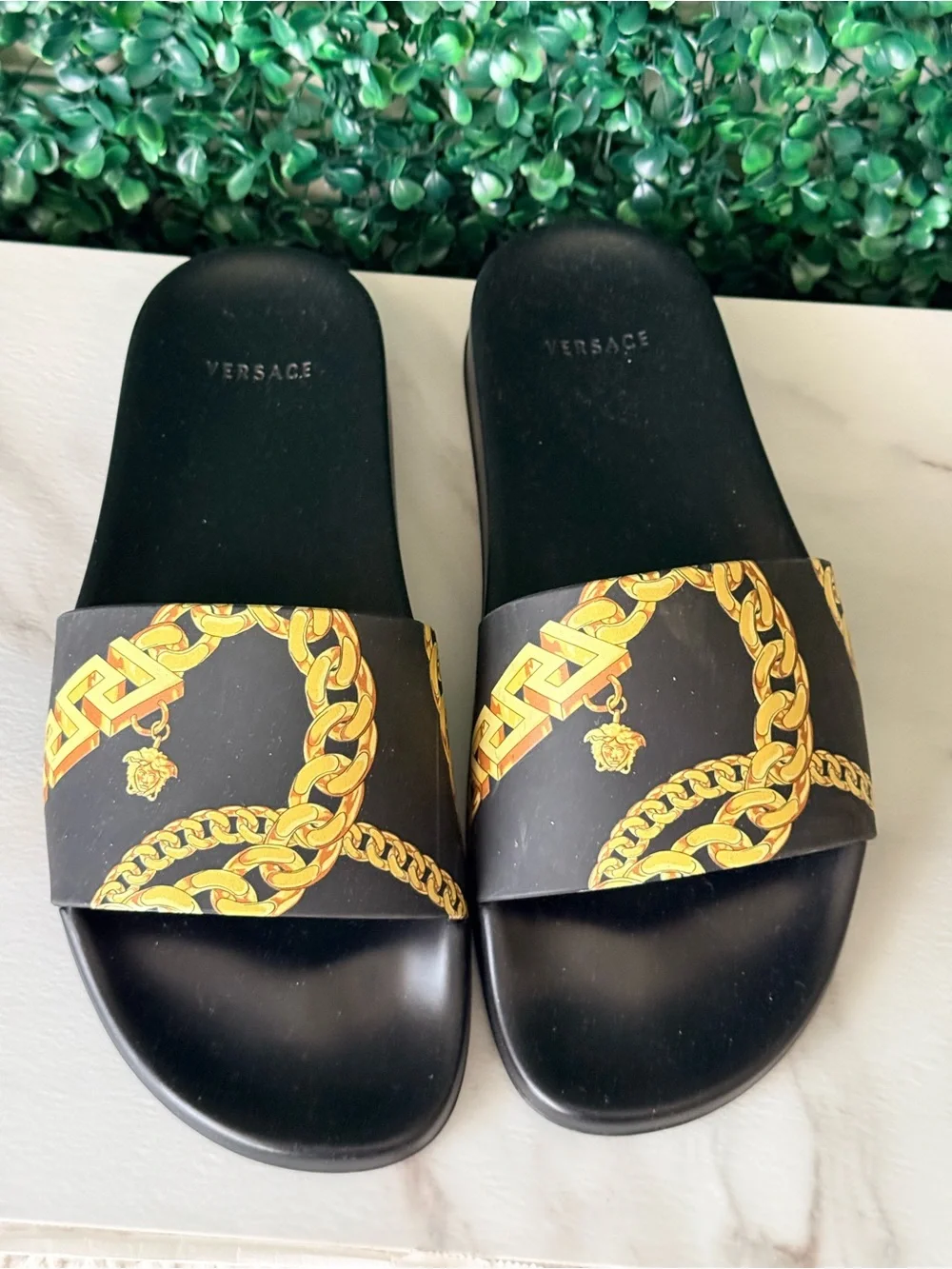 Versace Black & Gold Chain Print Slide Sandals Size 42